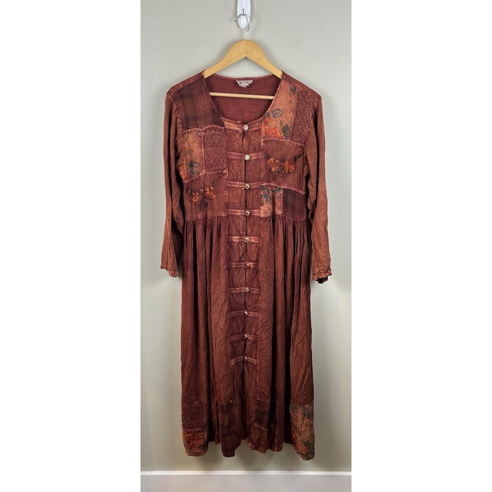Bohemian Long Sleeve Maxi Dress Vtg Button Front Embroidery‎ Cottage Core Sz Lg